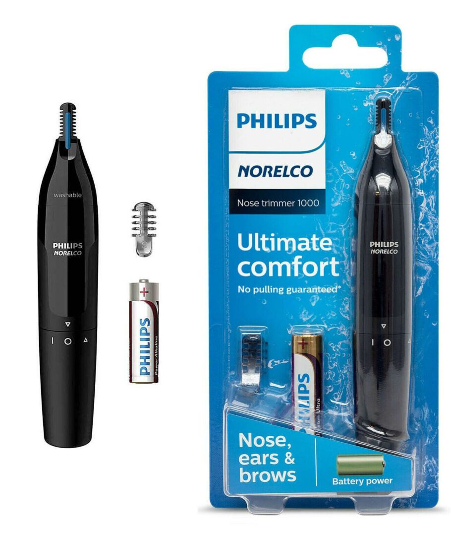A black philips nose and ear trimmer with its packaging.