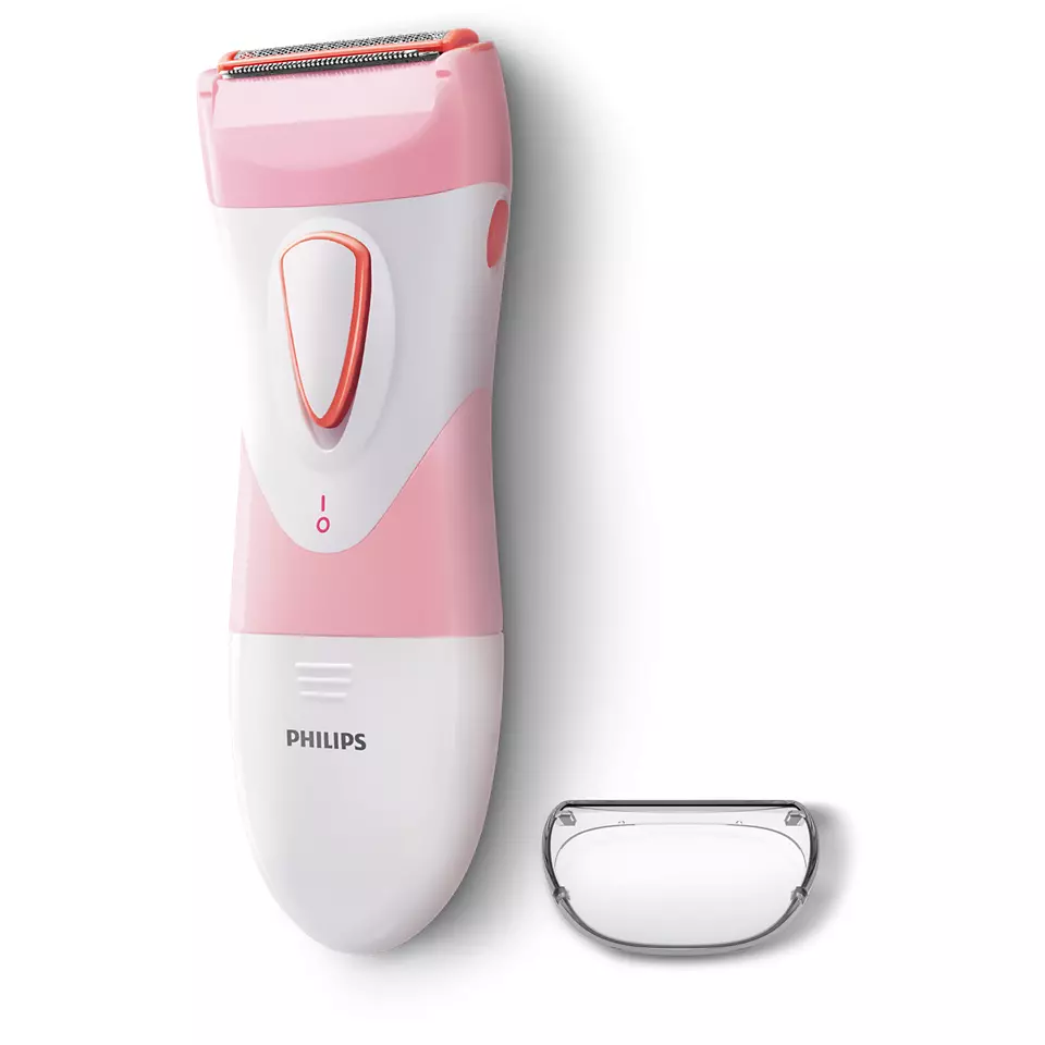 A pink and white electric razor next to a handle.