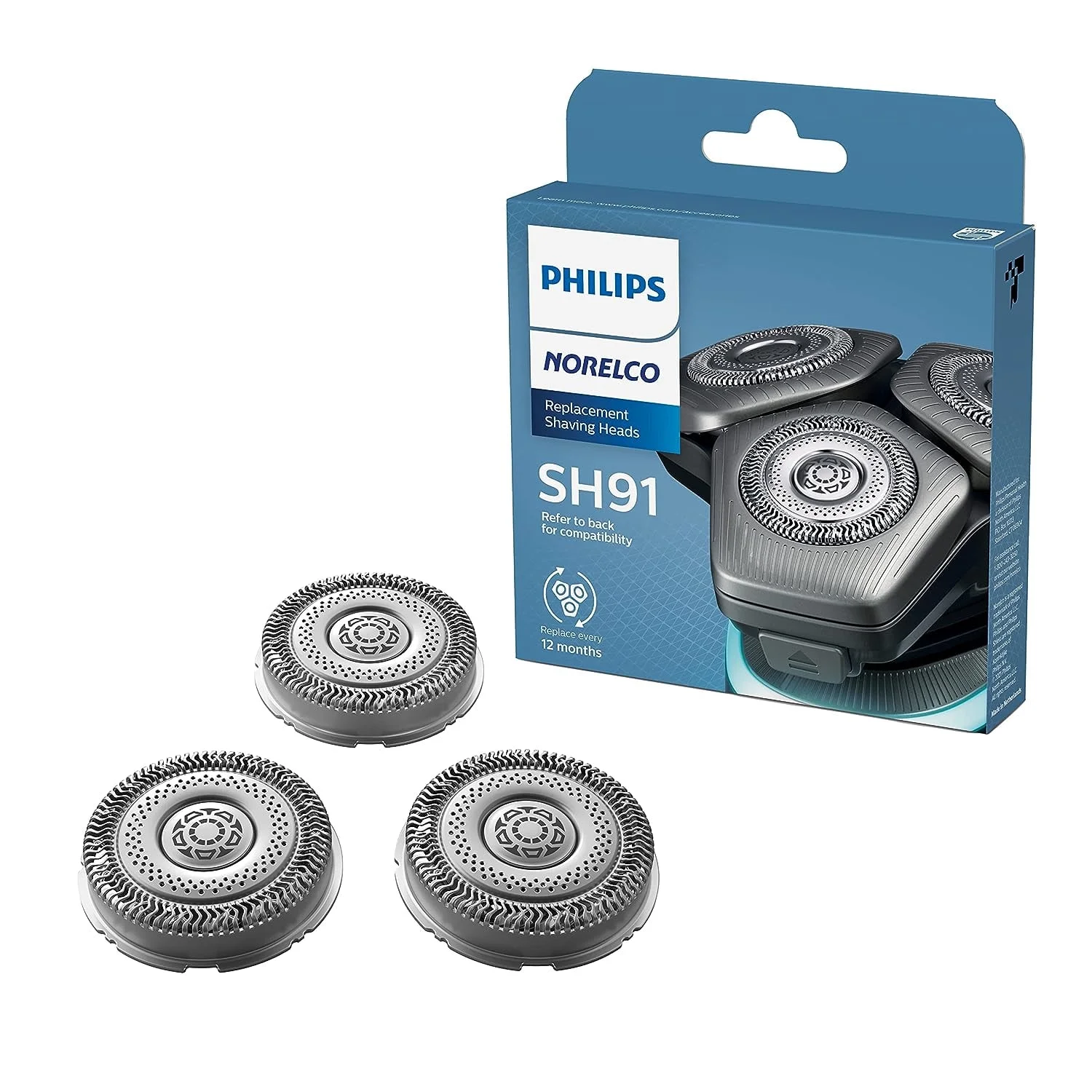 A package of three philips norelco shaving heads.