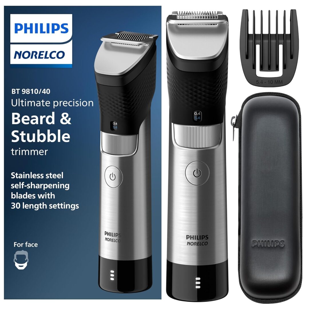A black and silver philips norelco beard stubble trimmer.