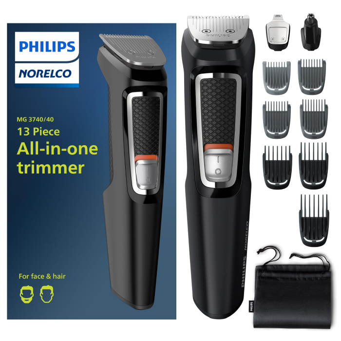 A black and silver philips norelco all in one trimmer