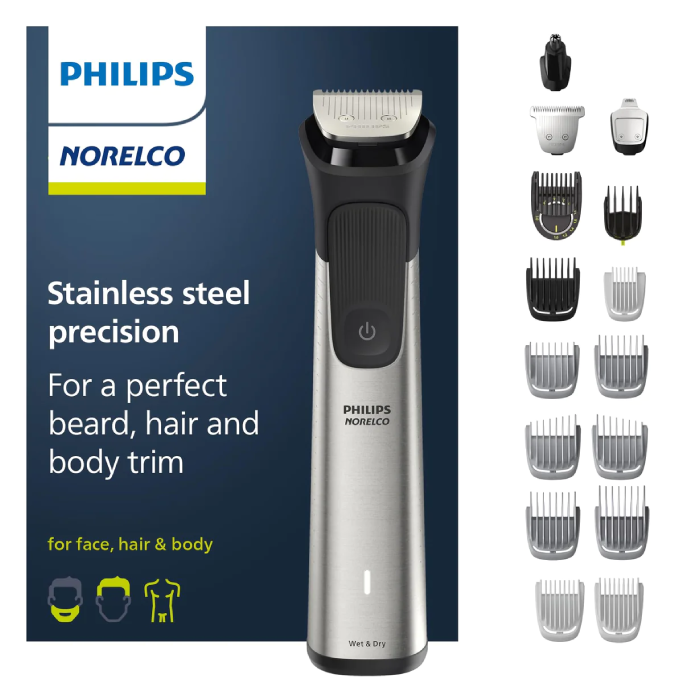 A silver and black philips norelco beard trimmer.