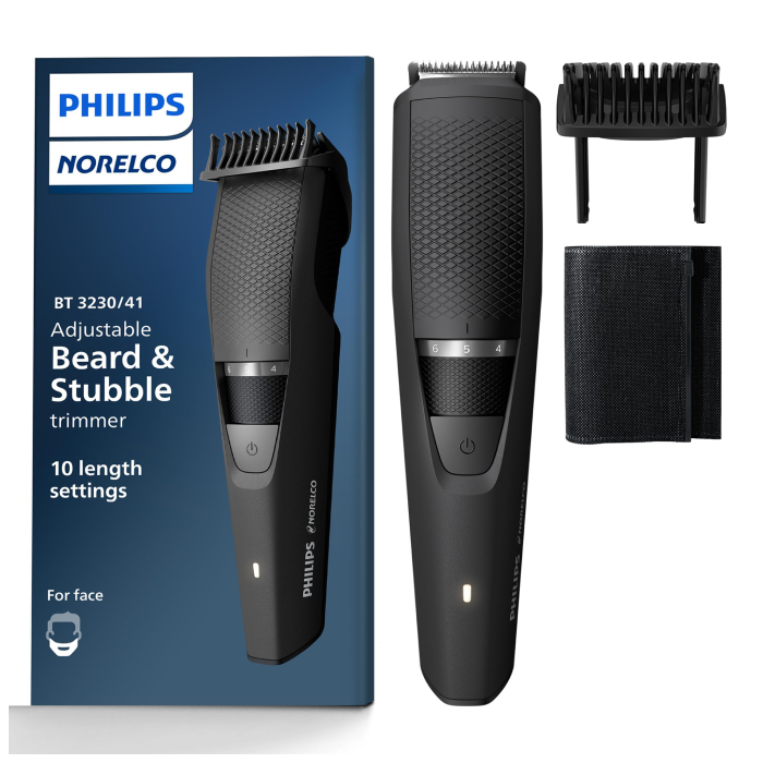 A black philips norelco beard and stubble trimmer.
