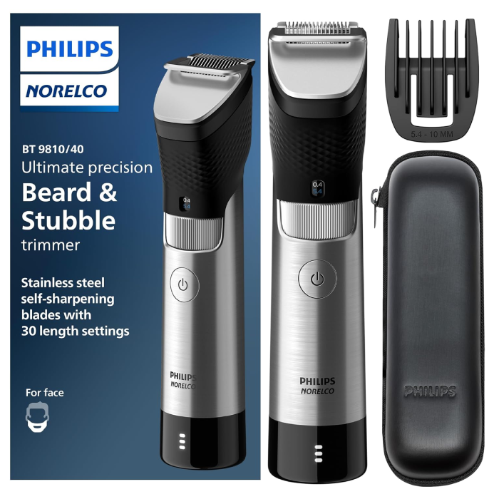 A black and silver philips norelco beard & stubble trimmer.