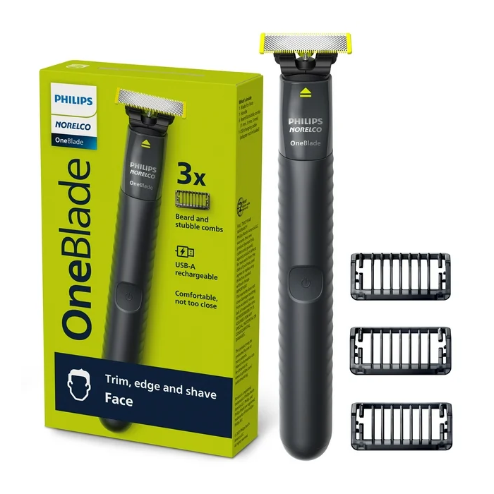 A box of three different types of blades for the philips oneblade