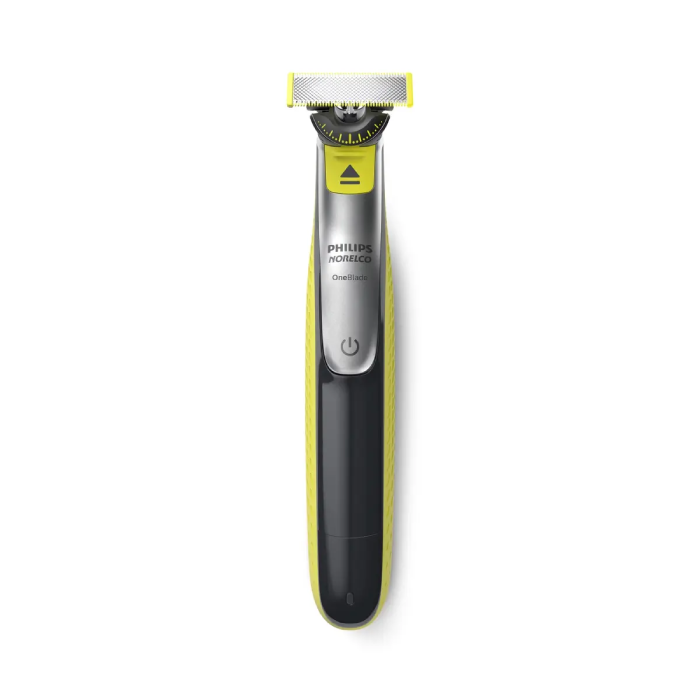 A yellow and black electric razor on top of white background.