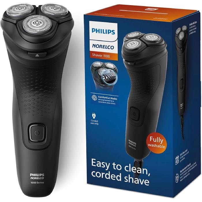 A black electric shaver with box and package.