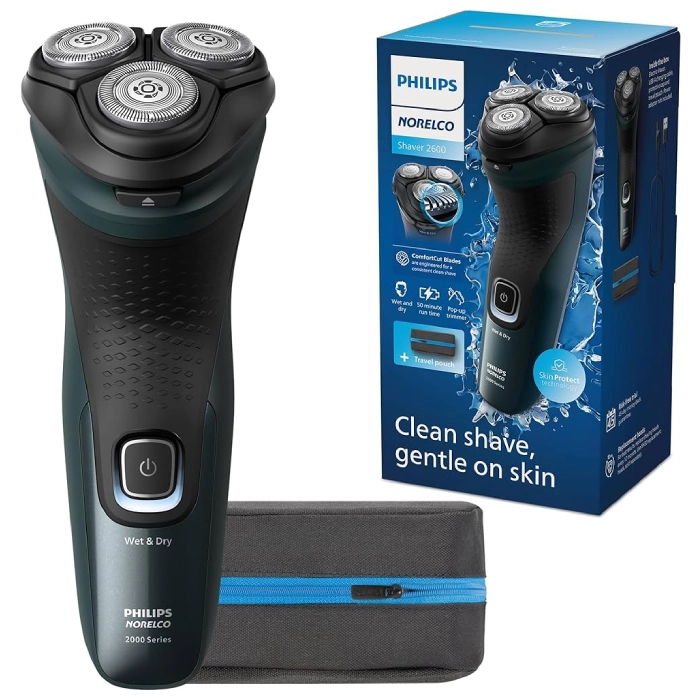 A black electric shaver next to its box.