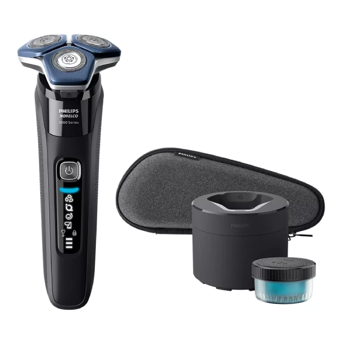 A black and blue electric razor with case