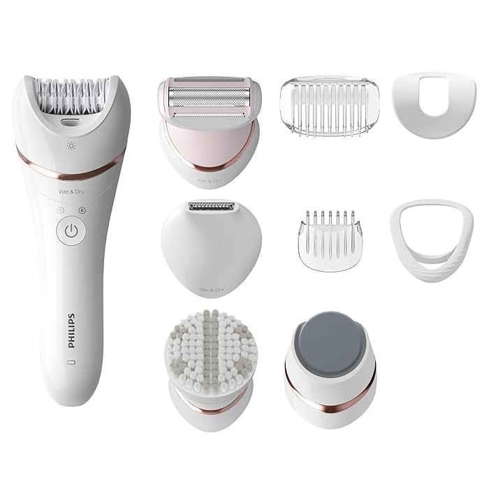 A white and red electric razor with nine different attachments.
