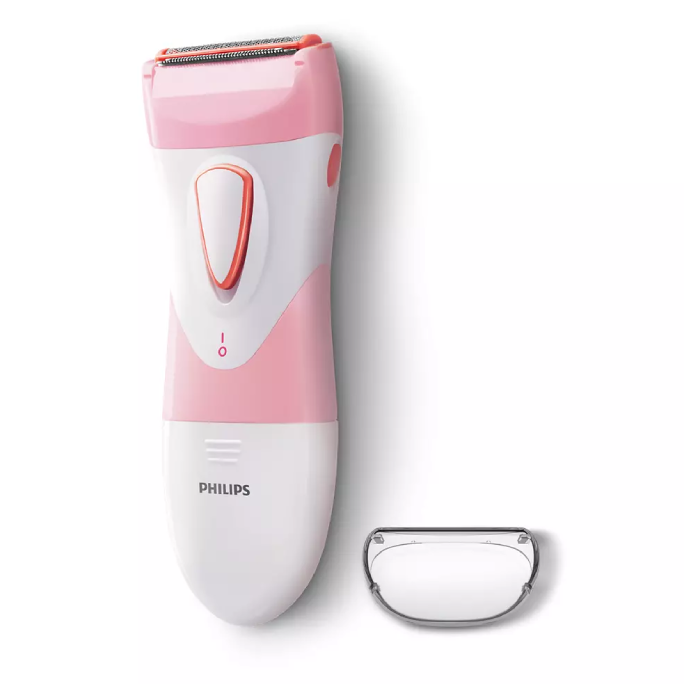 A pink and white electric razor next to a handle.