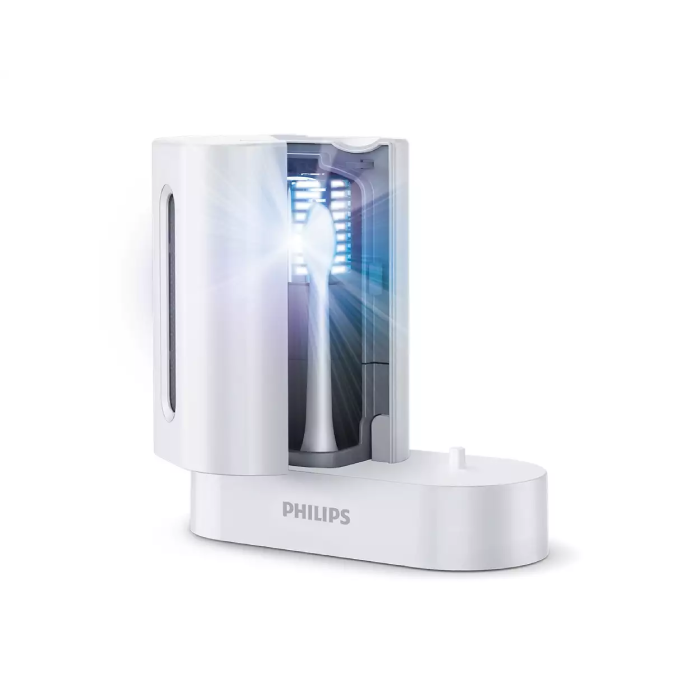 A white philips sonicare toothbrush holder with the light on.