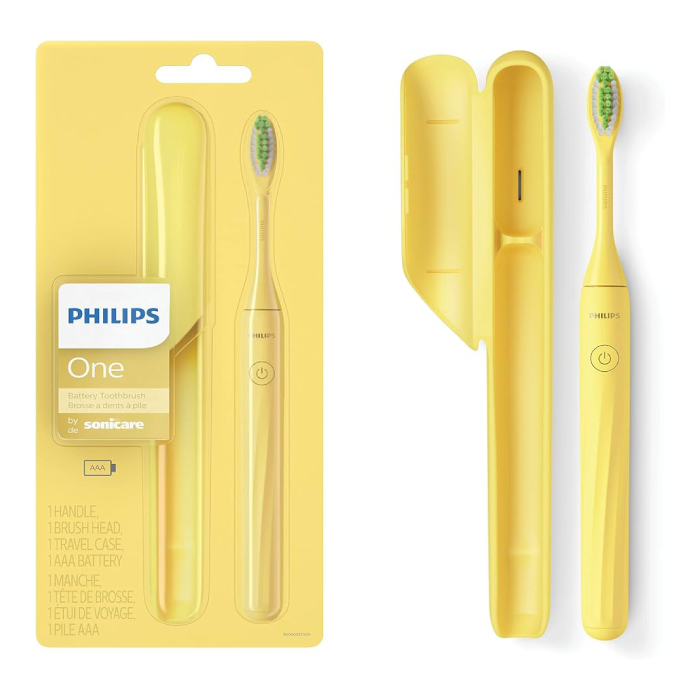 A yellow toothbrush and case with one of the cases opened up.