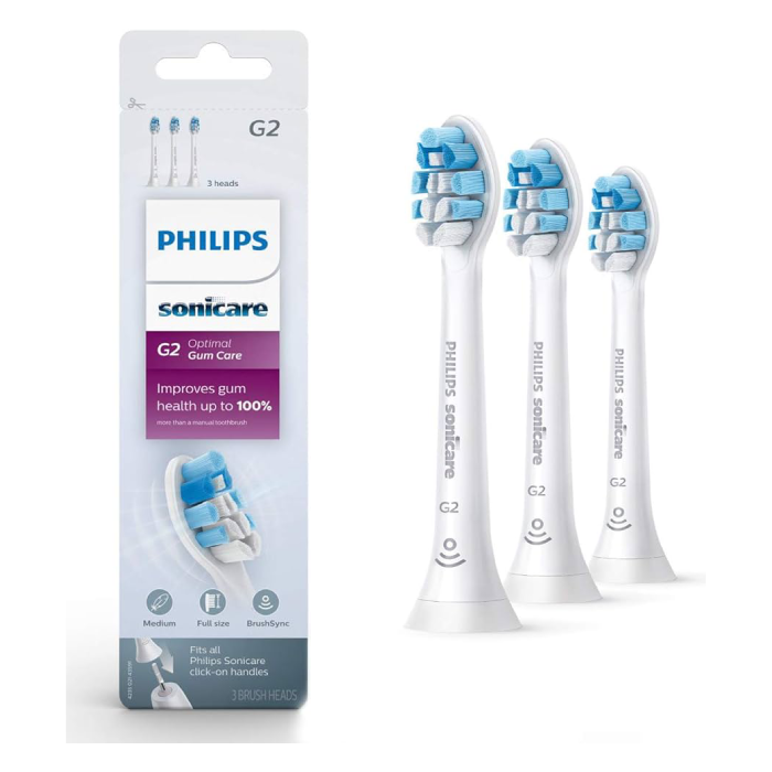 A package of three electric toothbrush heads.
