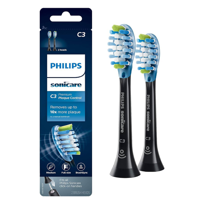 A pair of electric toothbrushes with blue bristles.