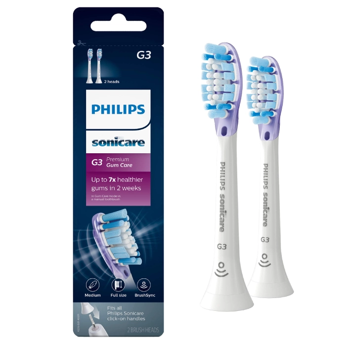 A pair of electric toothbrush heads in packaging.