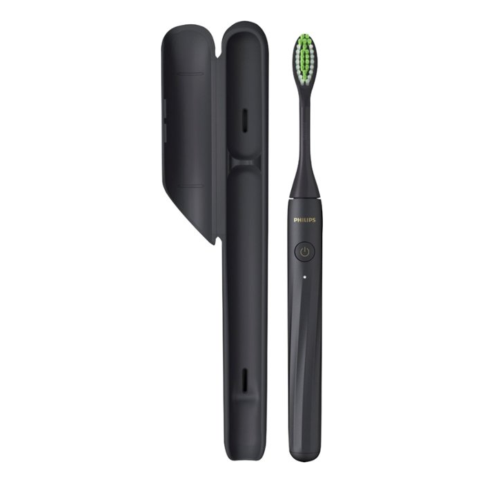 A black toothbrush and case are next to each other.