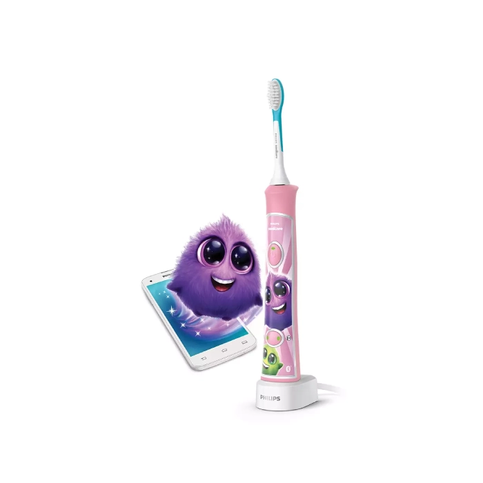 A pink electric toothbrush and purple monster on the side.