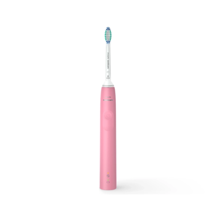 A pink electric toothbrush with blue tooth brush on top.