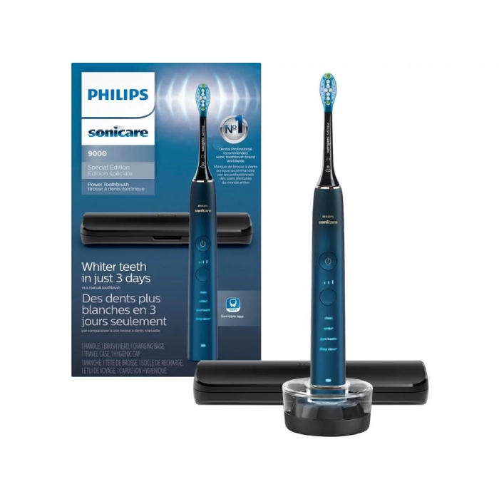 A blue electric toothbrush sitting on top of a black stand.