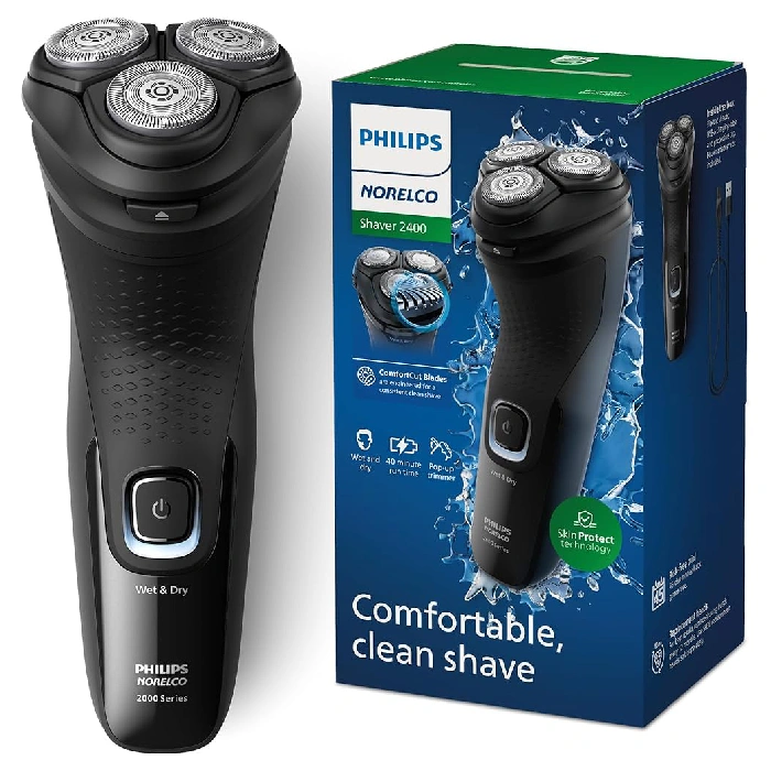 A box and a black electric shaver