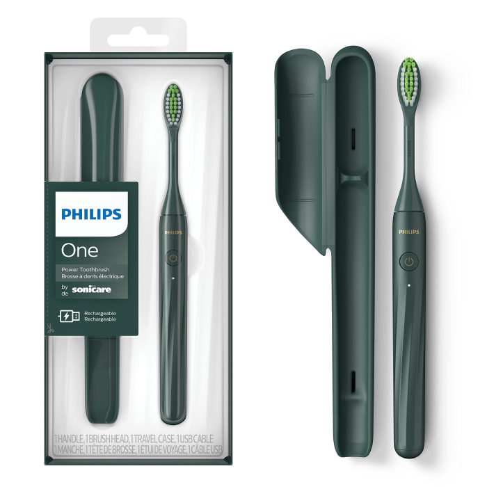 A package of two electric toothbrushes in green.