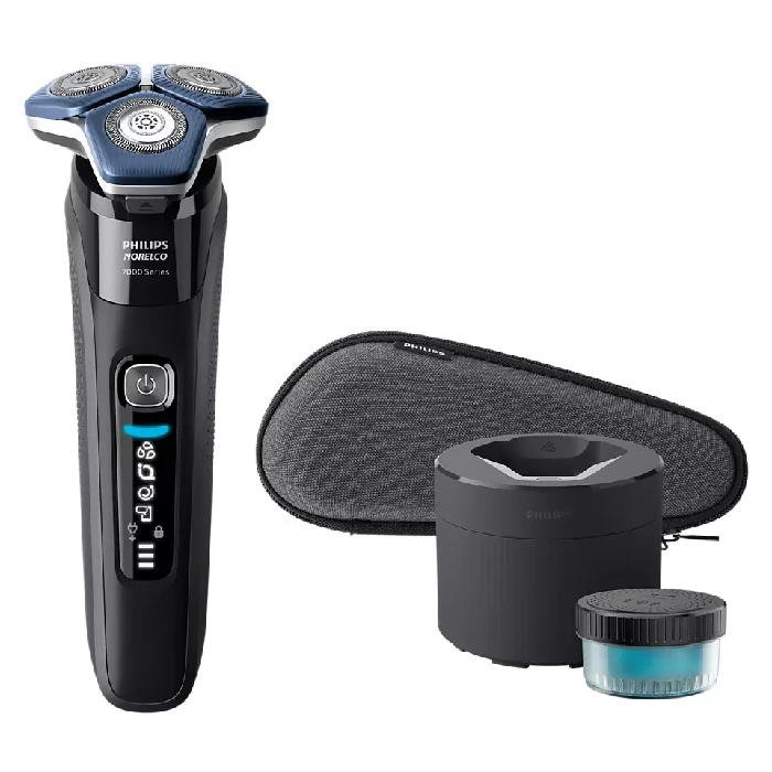 A black and blue electric razor with a case