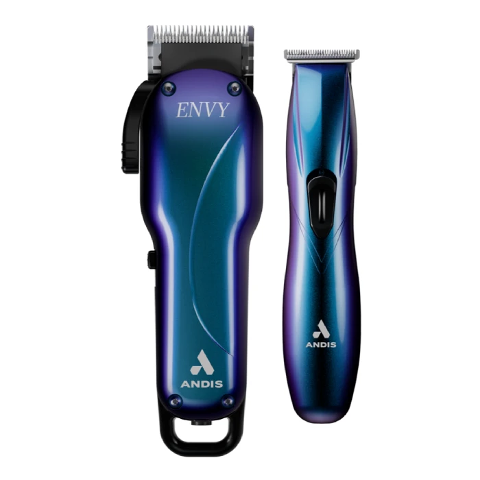 A blue hair clippers and trimmer next to each other.