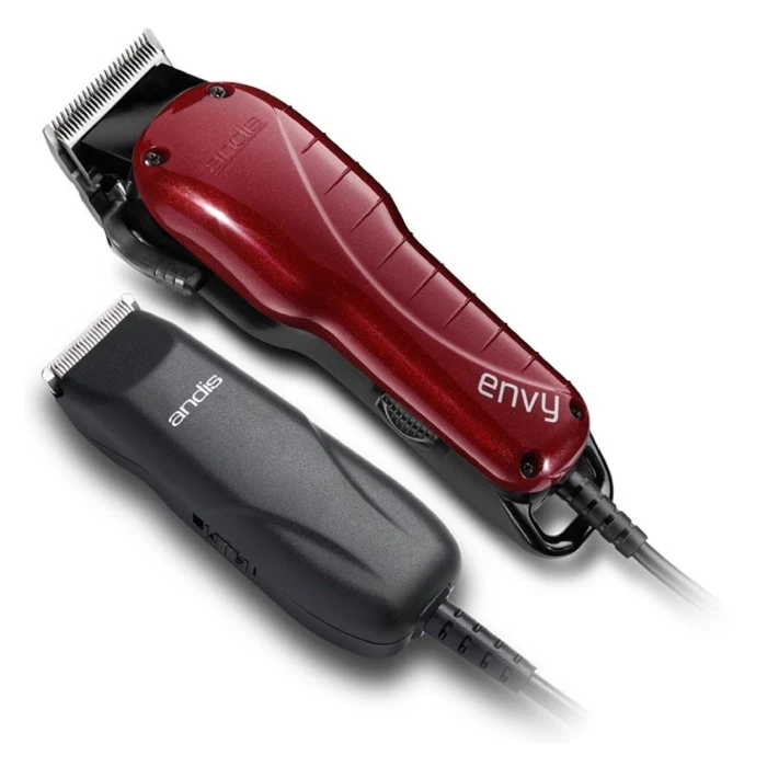 A red and black hair clippers on top of each other.