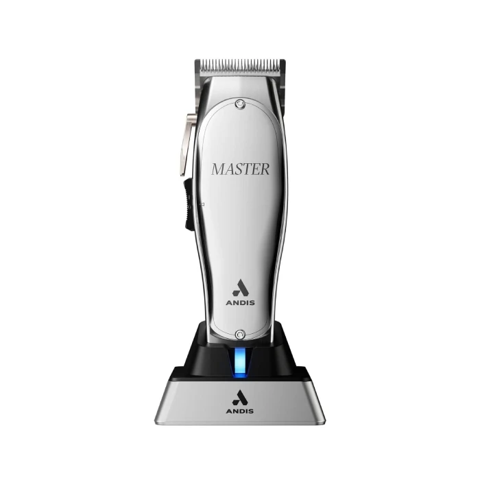 A white and black electric hair clipper on top of a stand.