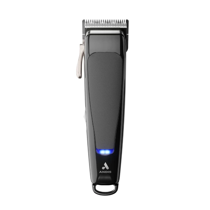 A black hair trimmer with blue light on top of it.
