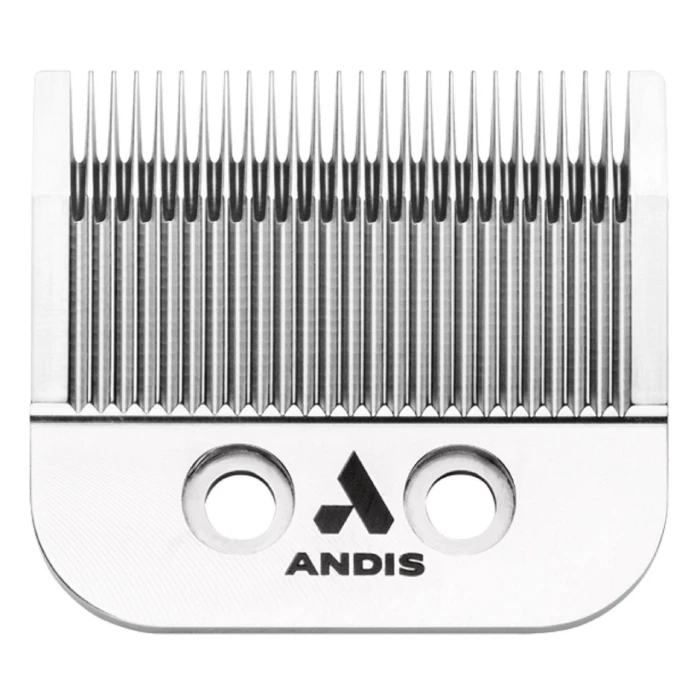A white comb with two holes for cutting hair.