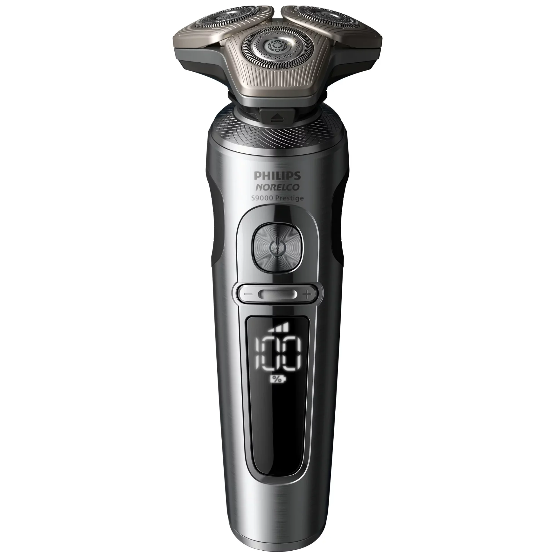 A silver electric razor with an lcd display.