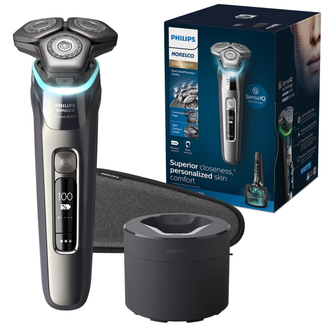 A philips shaver with its case and box
