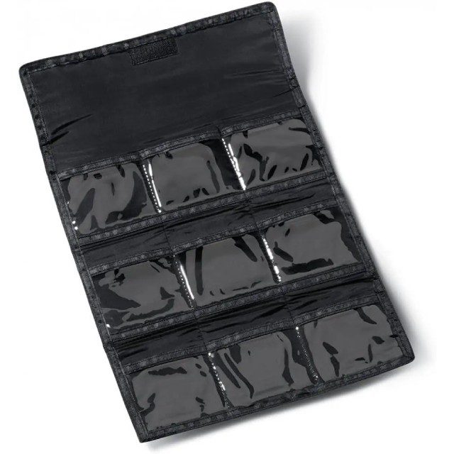 A black wallet with several compartments on it.