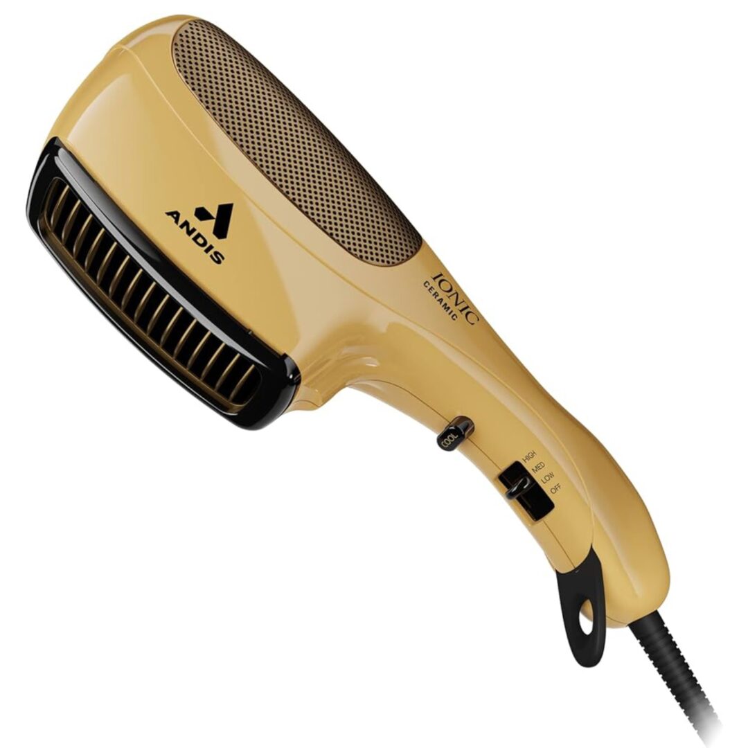 A hair dryer with an attached brush on top of it.