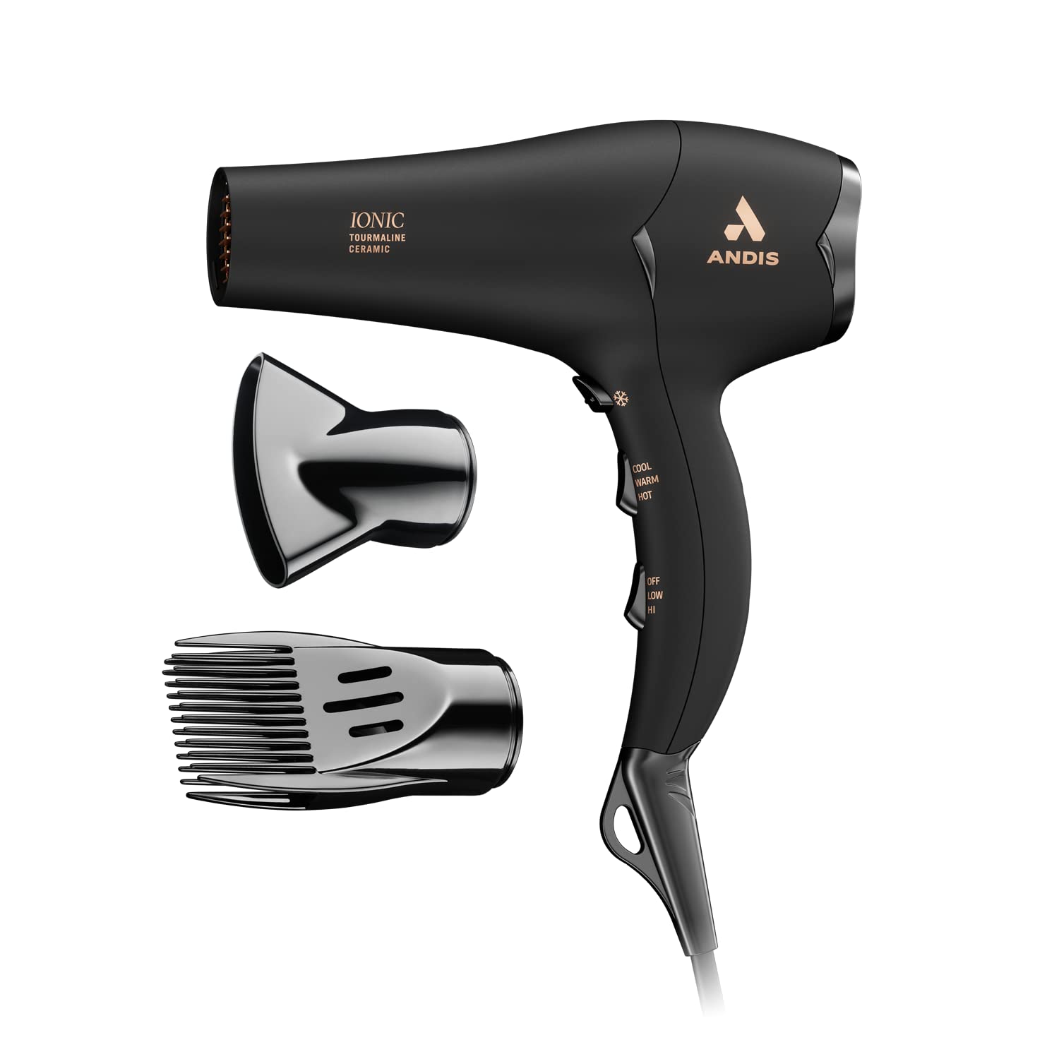 A black hair dryer with two brushes and one brush holder.