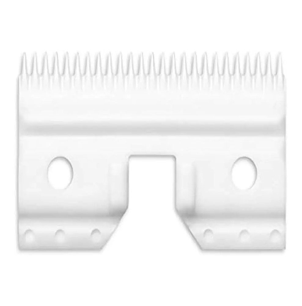 A white plastic comb with two holes for cutting.