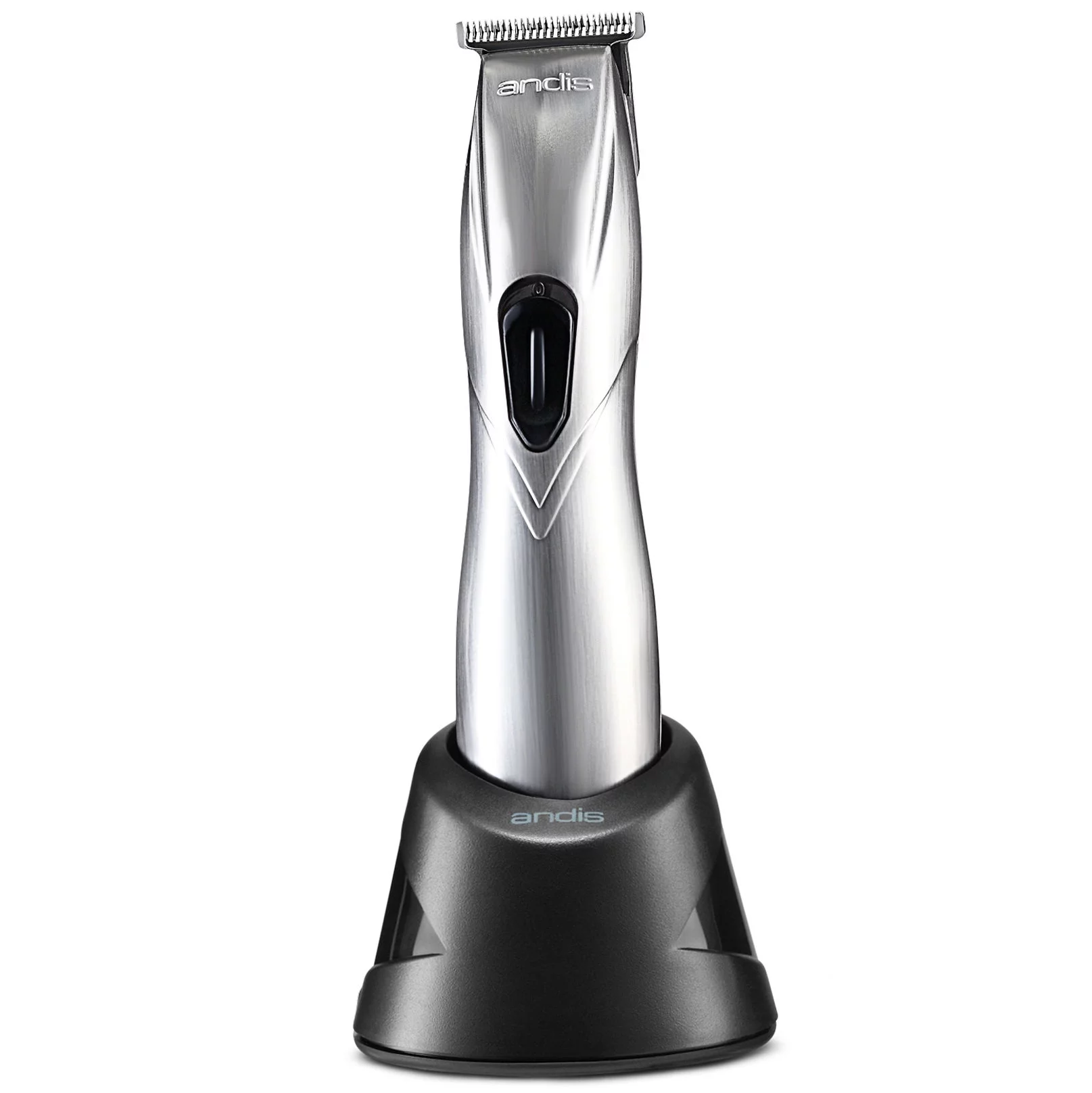 A silver and black electric hair trimmer on top of a stand.