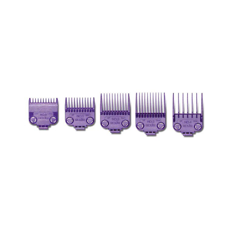 A set of five purple combs for hair.