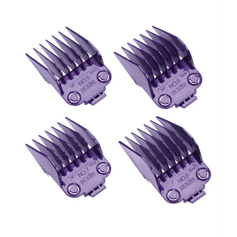 A set of four purple combs for hair