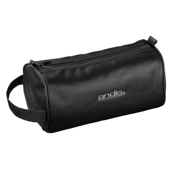 A black leather bag with a handle and a silver logo.