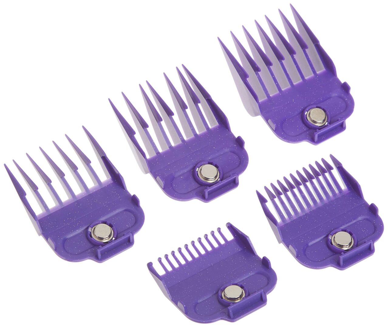 A set of purple hair clippers with different sizes.
